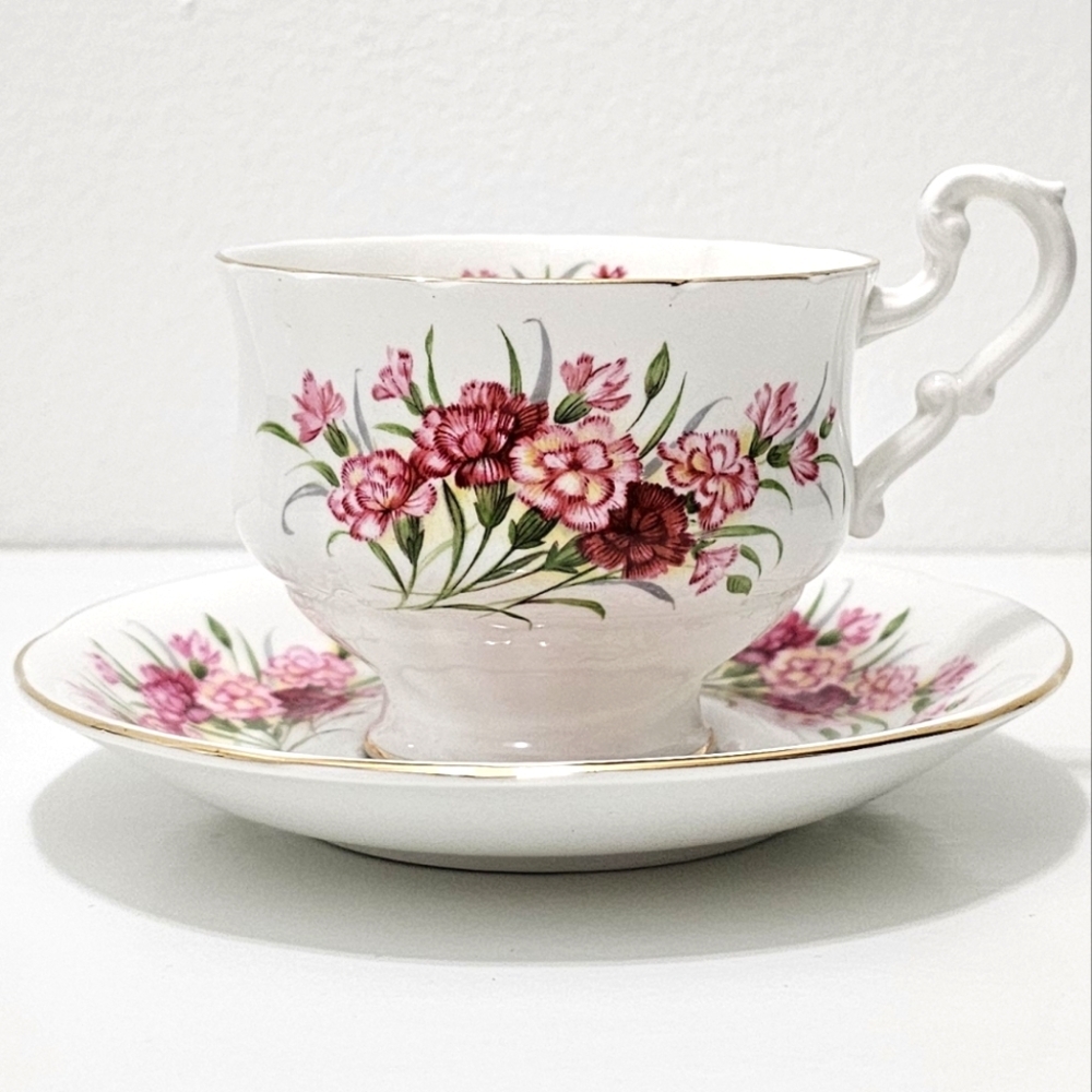 Paragon Fine China Pink "English Flowers Carnations" Tea Cup & Saucer